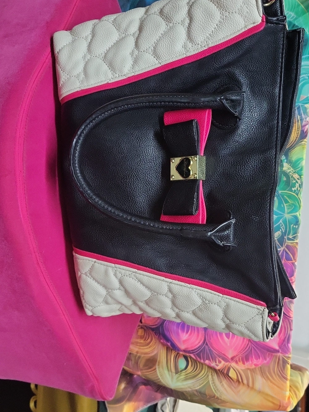 Betsey Johnston Women’s Black, Cream & Hot Pink Bow Accent Satchel Shoulder Bag
